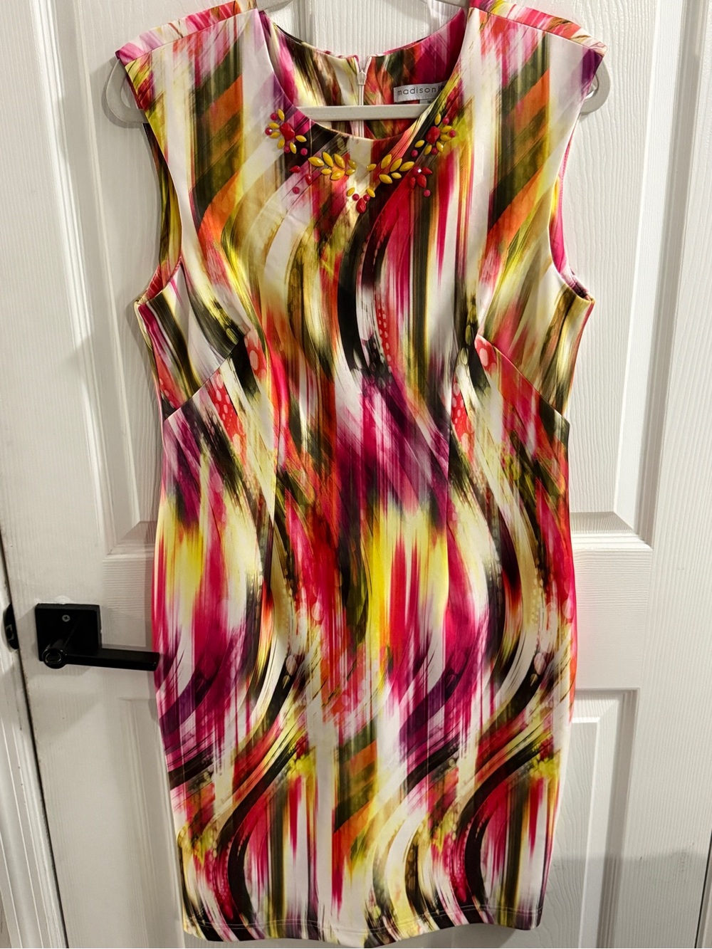 Madison Leigh Dress 14 Pink Orange Abstract Print Sleeveless Sheath Embellished
